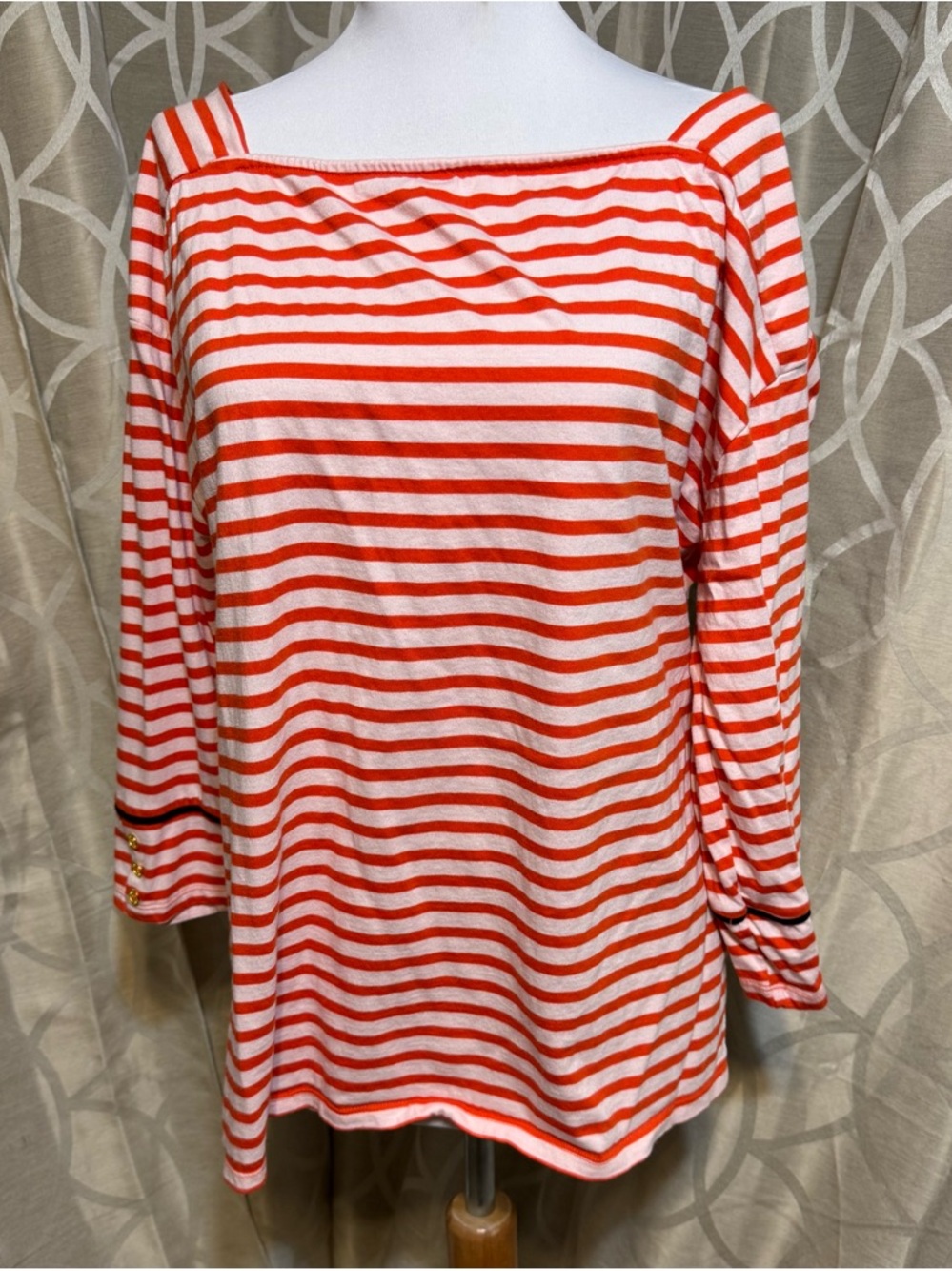 Anne Klein Striped Square Neck Women’s Top - Reddish Orange & White